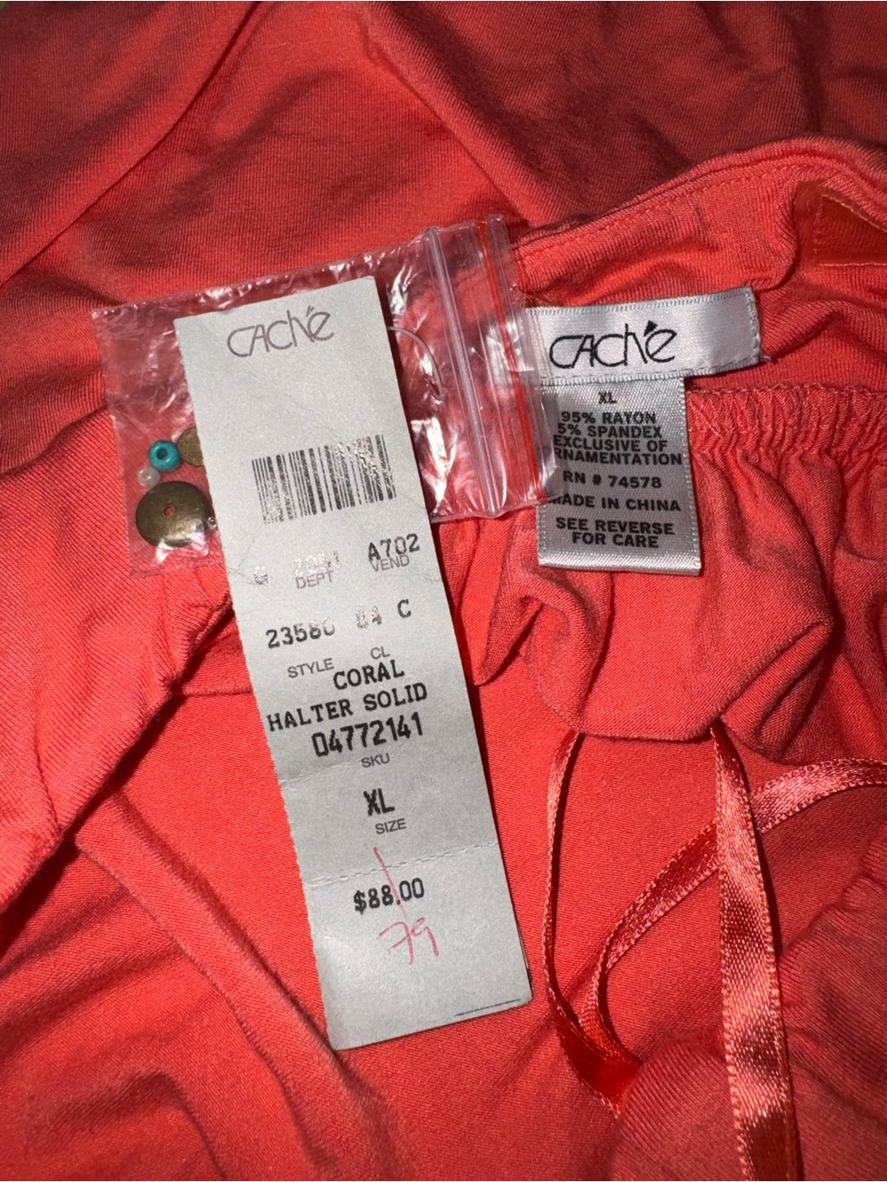 Cache Coral Halter Top with Bead Accent NWT Size XL - Picture 6 of 6